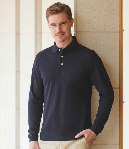 Henbury H105 Long Sleeve Cotton Piqué Polo Shirt in Navy