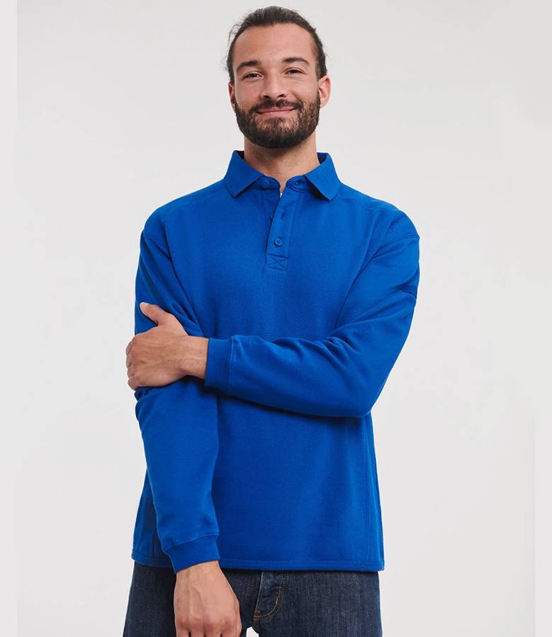 Russell Athletic 012M Heavy Duty Collar Sweatshirt worn by a model in Bright Royal