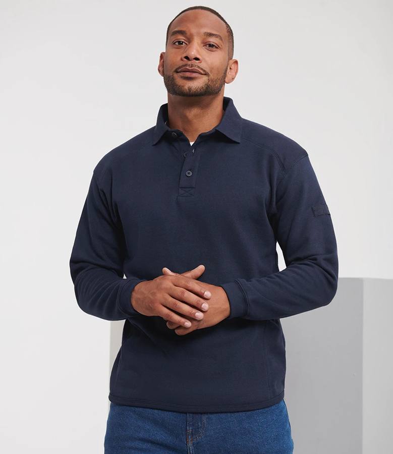Russell Athletic 012M Heavy Duty Collar Sweatshirt worn by a model in French Navy
