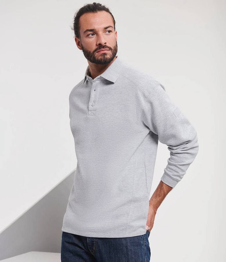 Russell Athletic 012M Heavy Duty Collar Sweatshirt worn by a model in Light Oxford