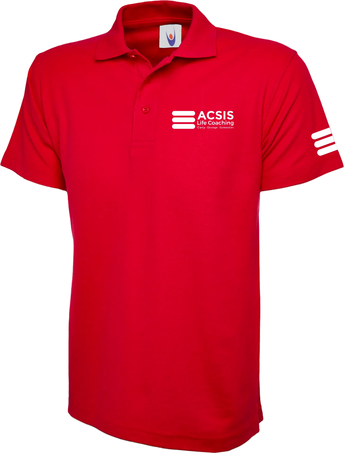 Red ACSIS polo shirt with white logo