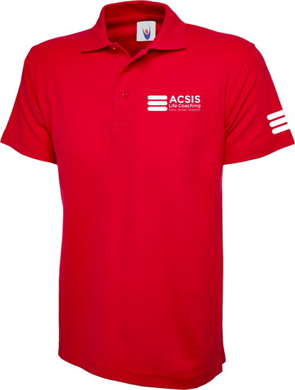 Red ACSIS polo shirt with white logo