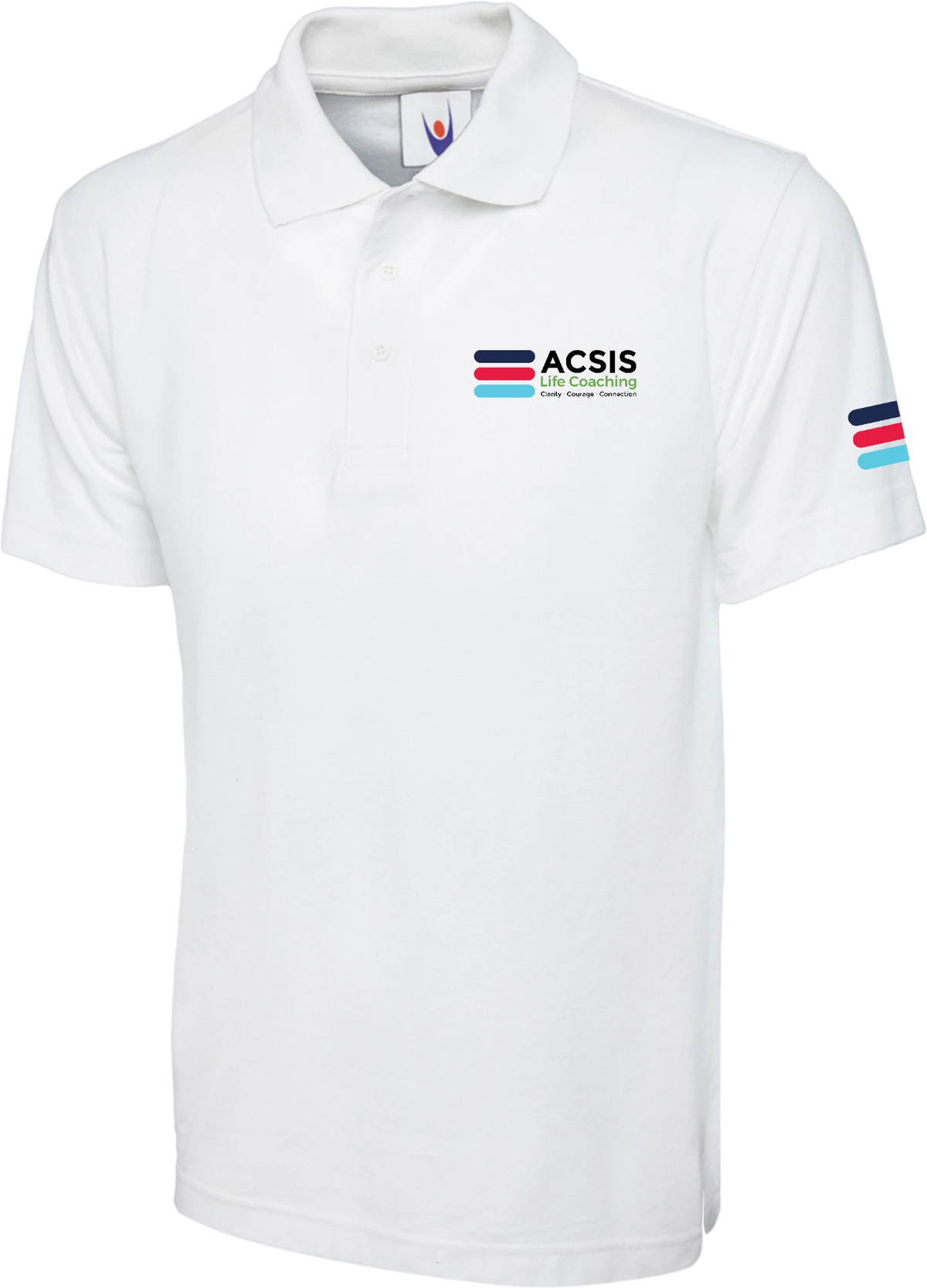 White ACSIS polo shirt with full colour logo