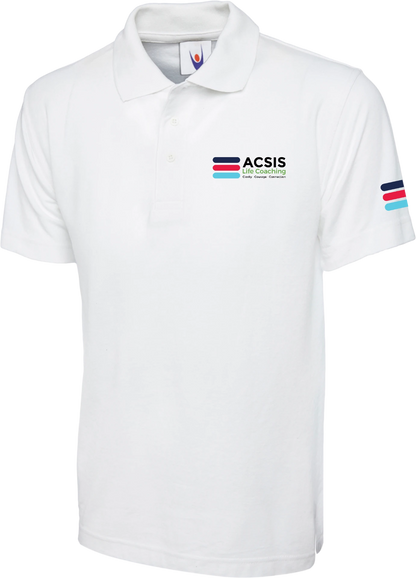 White ACSIS polo shirt with full colour logo