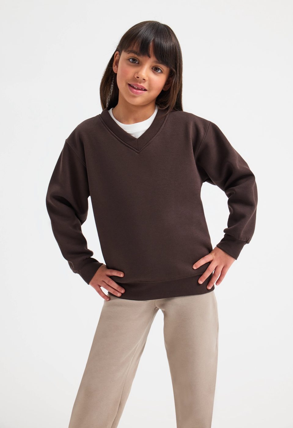 Uneek UC206 childrens V neck sweatshirt modelled