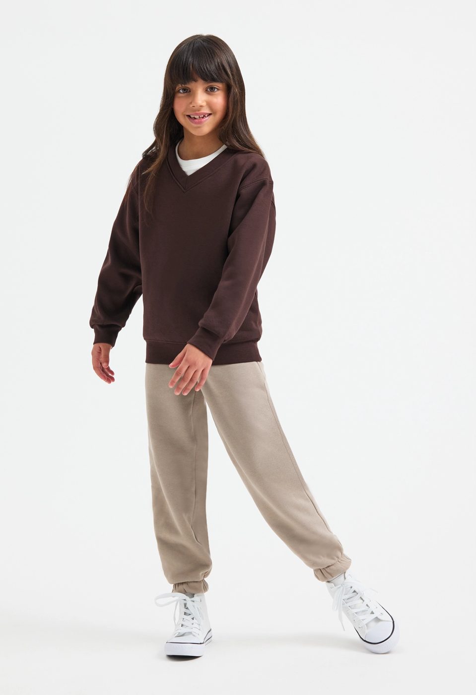 Uneek UC206 childrens V neck sweatshirt modelled