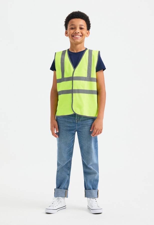 Uneek UC806 childrens hi-viz waistcoat modelled