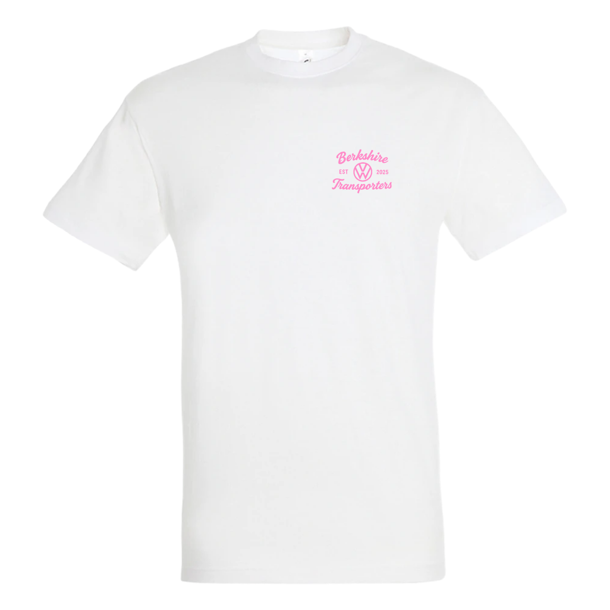 White PICU adult t-shirt front with Berkshire VW Transporters logo