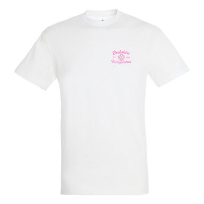 White PICU adult t-shirt front with Berkshire VW Transporters logo