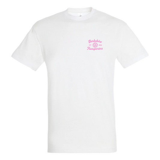 White PICU adult t-shirt front with Berkshire VW Transporters logo