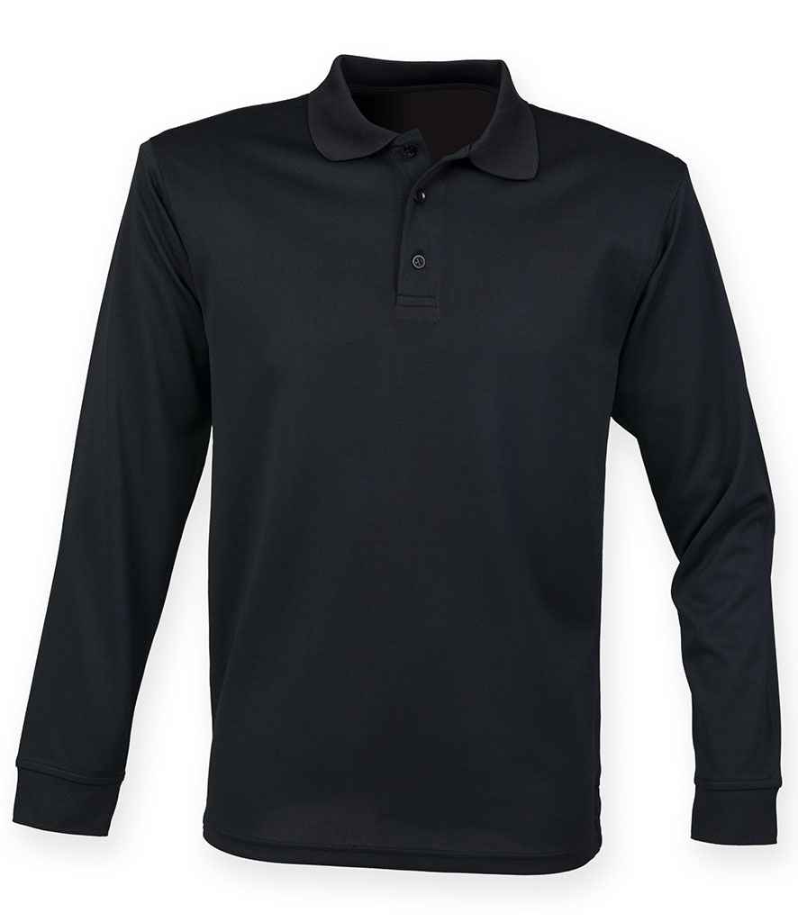 Henbury H478 Unisex Long Sleeve Coolplus Piqué Polo Shirt in Black