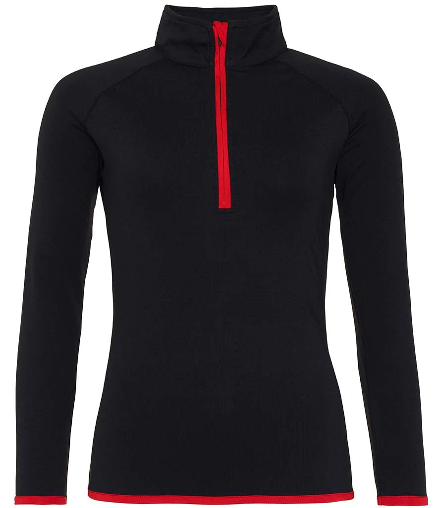 Just Cool JC036 AWDis Ladies Cool Half Zip Sweat Top in Jet Black/Fire Red