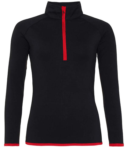 Just Cool JC036 AWDis Ladies Cool Half Zip Sweat Top in Jet Black/Fire Red