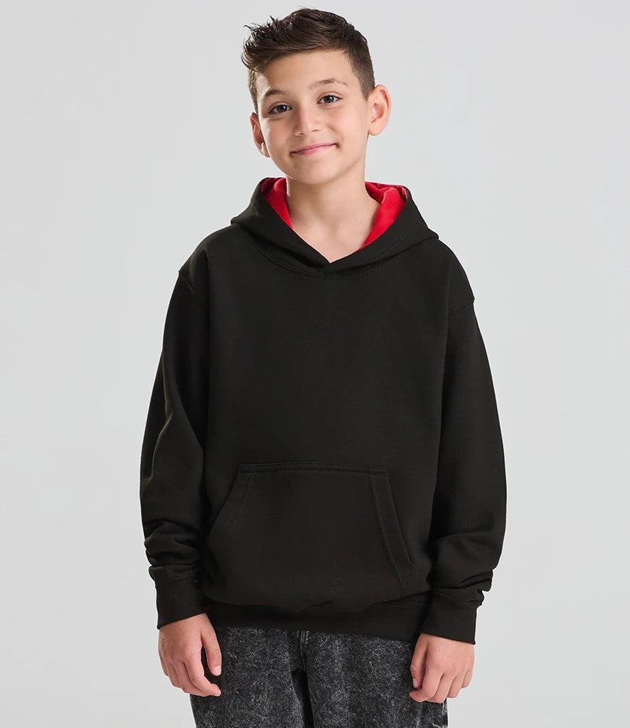 AWDis kids varsity hoodie in black with gold hood lining