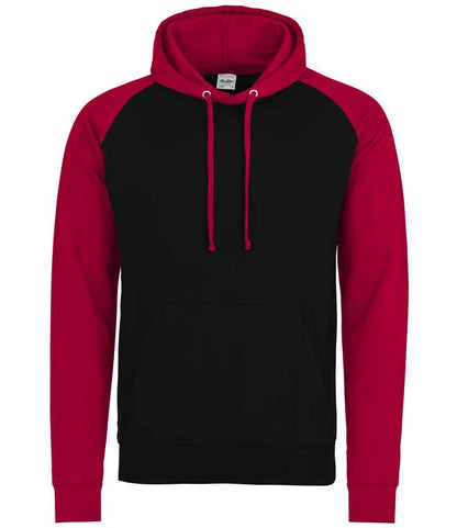 Just Hoods JH009 Baseball Hoodie in Jet Black/Fire Red