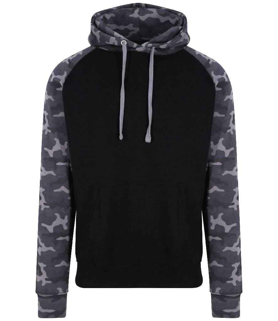 Just Hoods JH009 Baseball Hoodie in Solid Black/Black Camo