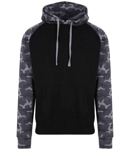 Just Hoods JH009 Baseball Hoodie in Solid Black/Black Camo