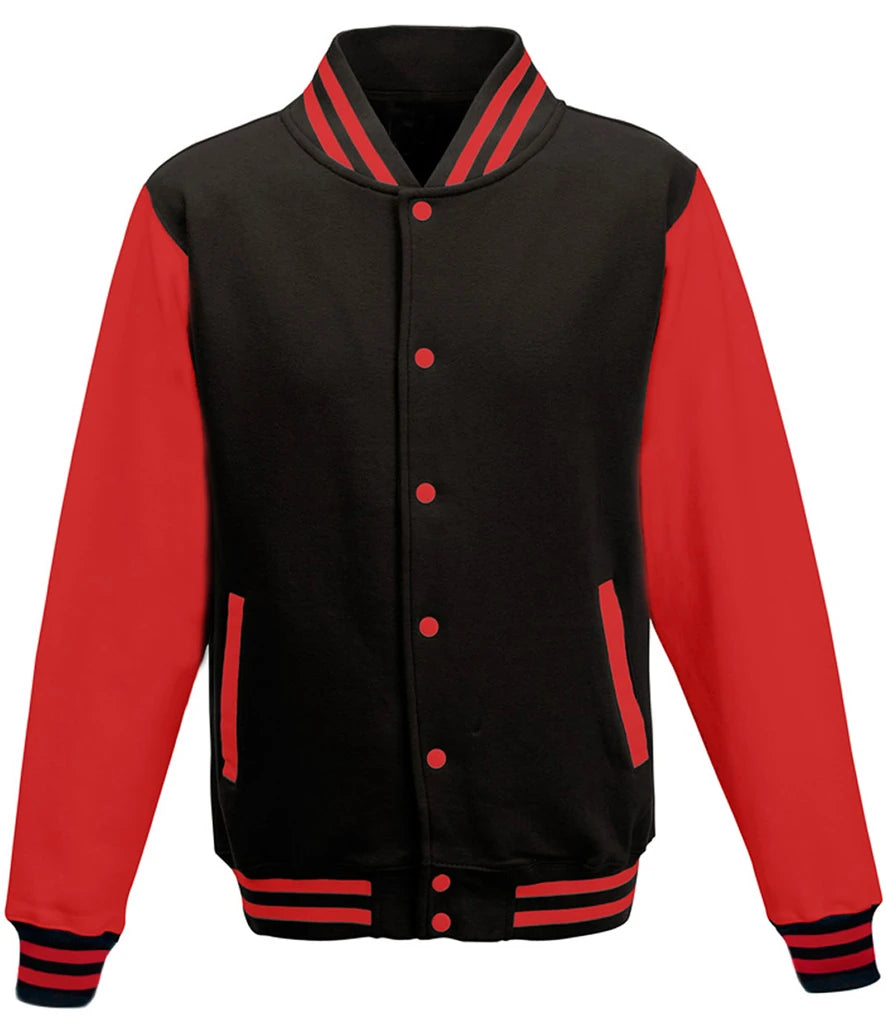 Just Hoods JH043 AWDis Varsity Jacket in Jet Black/Fire Red