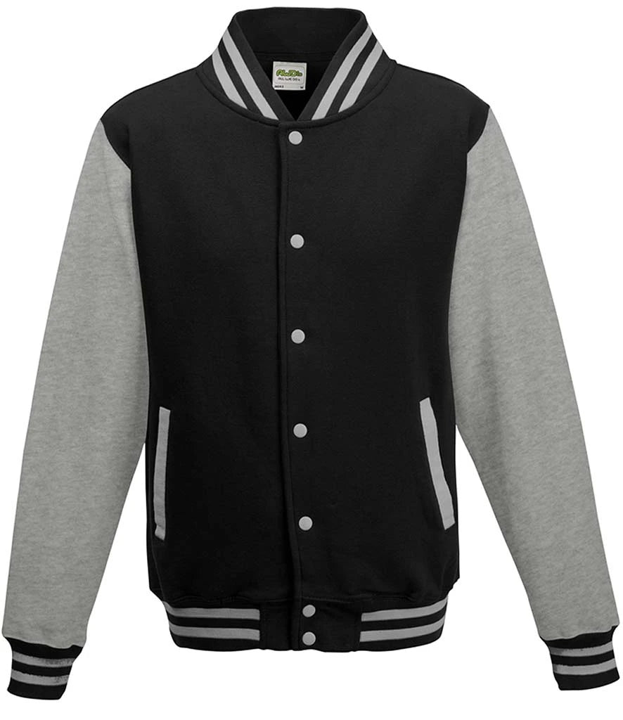 Just Hoods JH043 AWDis Varsity Jacket in Jet Black/Heather Grey