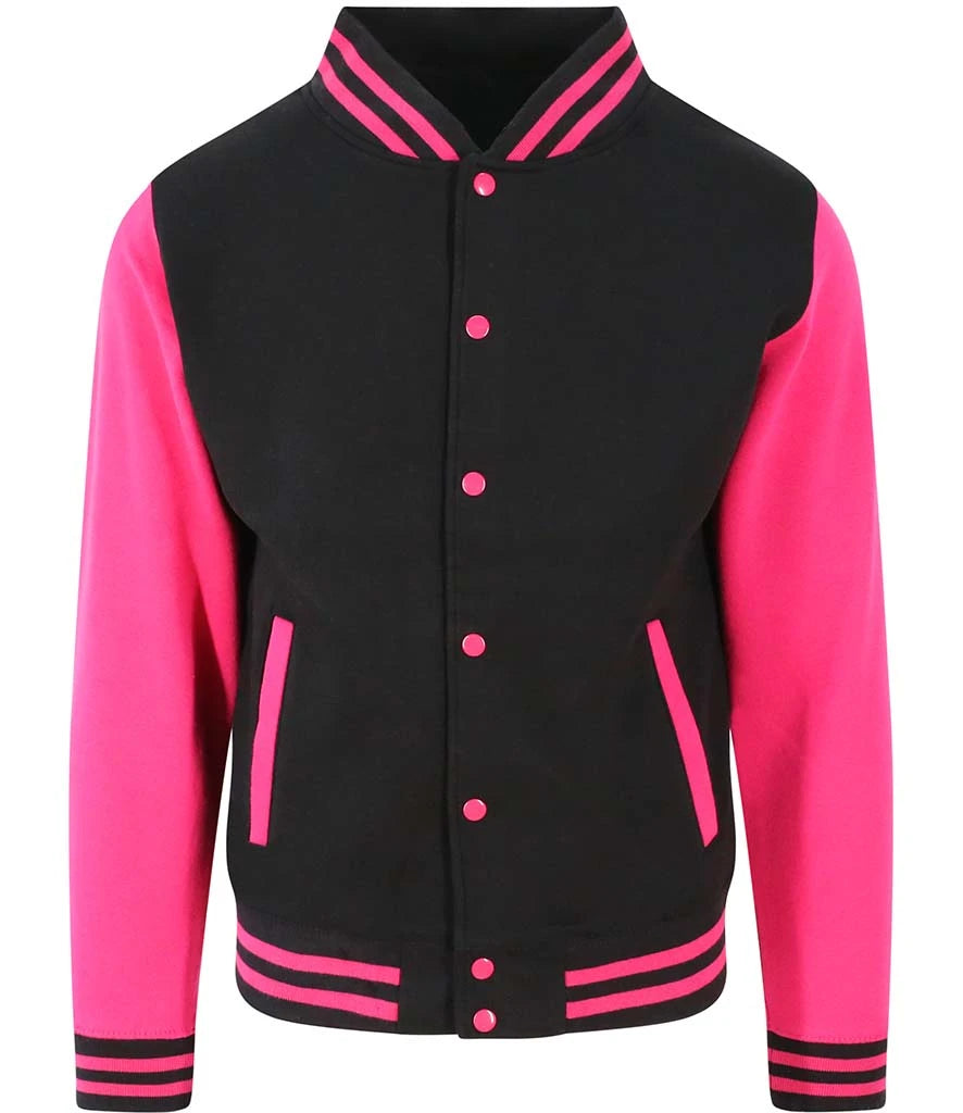 Just Hoods JH043 AWDis Varsity Jacket in Jet Black/Hot Pink