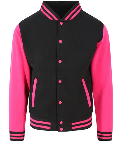 Just Hoods JH043 AWDis Varsity Jacket in Jet Black/Hot Pink