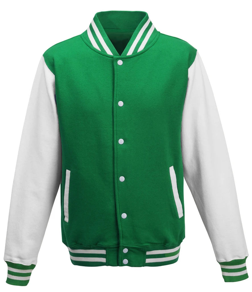 Just Hoods JH043 AWDis Varsity Jacket in Kelly Green/White