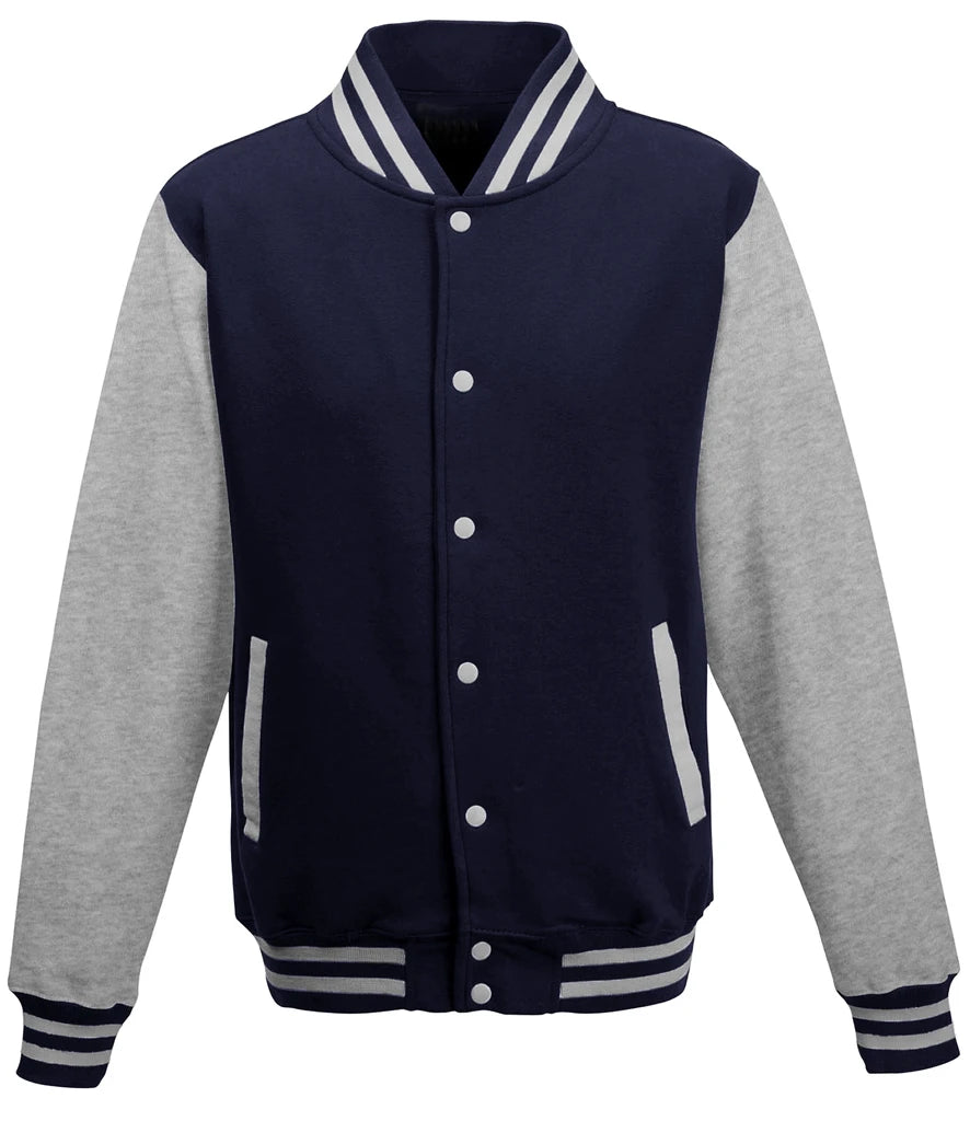 Just Hoods JH043 AWDis Varsity Jacket in Oxford Navy/Heather Grey