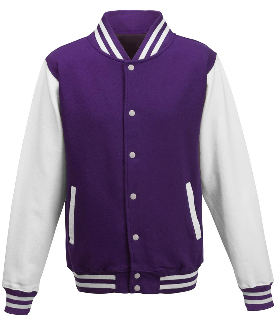 Just Hoods JH043 AWDis Varsity Jacket in Purple/White