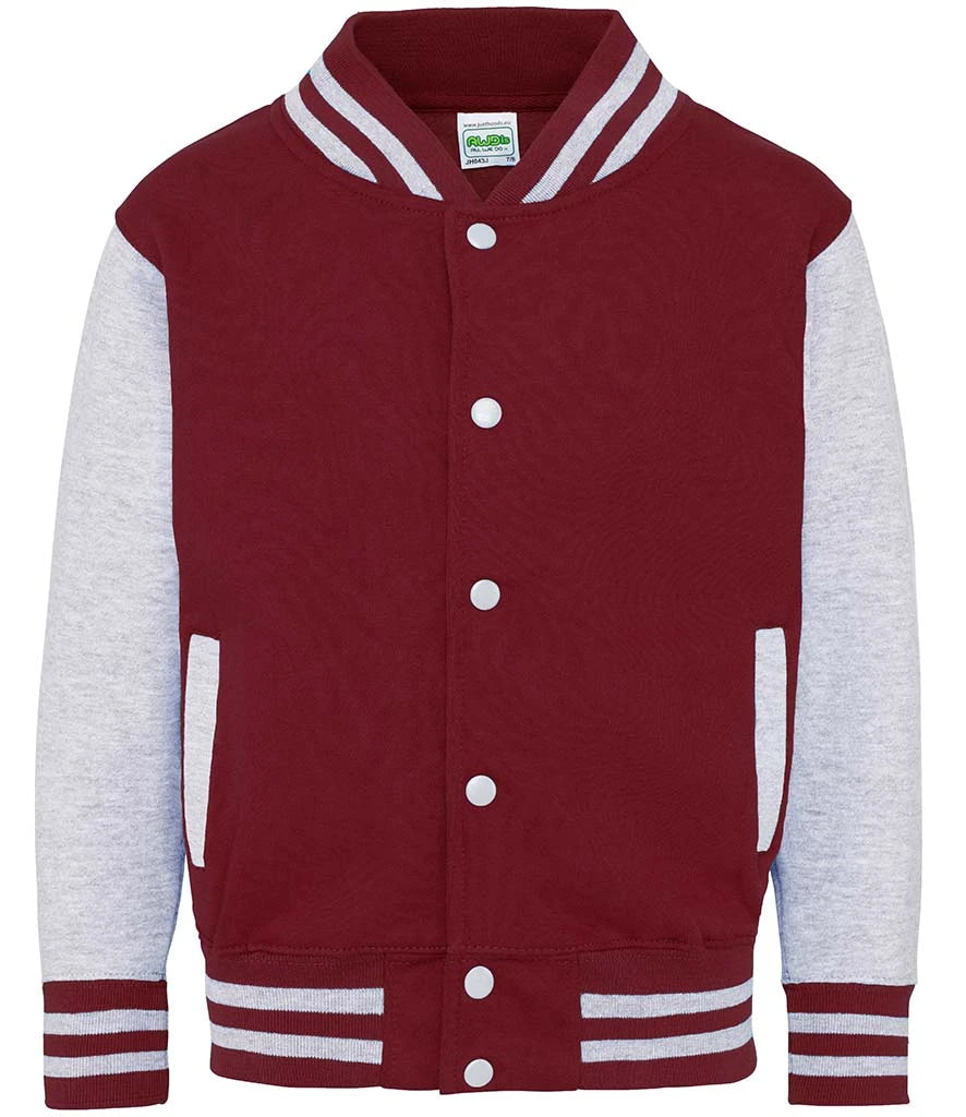 Just Hoods JH043B AWDis Kids Varsity Jacket in Burgundy/Heather Grey
