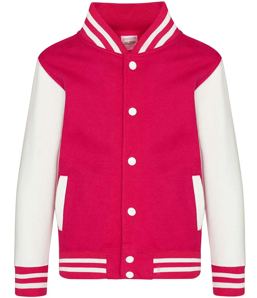 Just Hoods JH043B AWDis Kids Varsity Jacket in Hot Pink/White