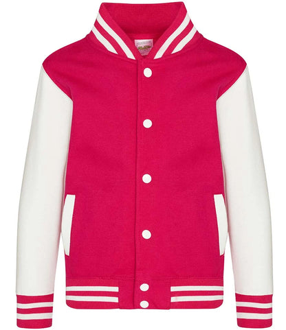 Just Hoods JH043B AWDis Kids Varsity Jacket in Hot Pink/White
