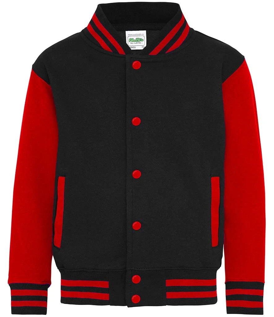 Just Hoods JH043B AWDis Kids Varsity Jacket in Jet Black/Fire Red
