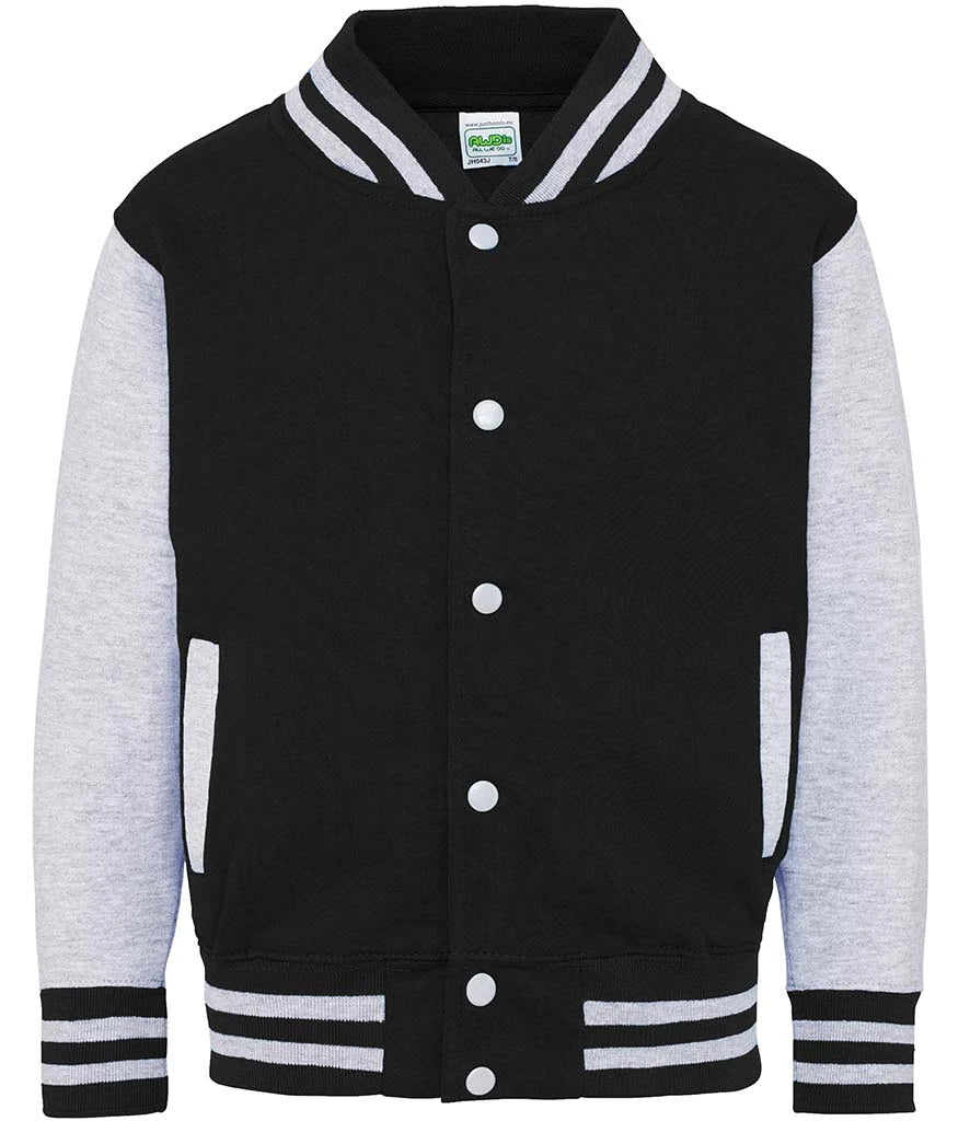 Just Hoods JH043B AWDis Kids Varsity Jacket in Jet Black/Heather Grey