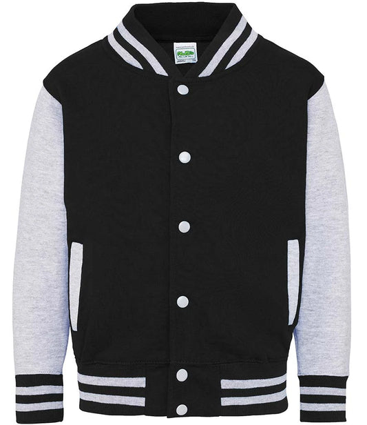 Just Hoods JH043B AWDis Kids Varsity Jacket in Jet Black/Heather Grey