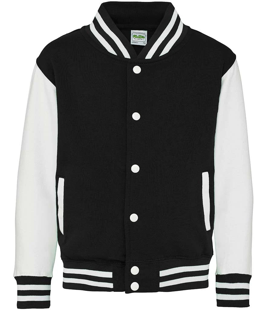 Just Hoods JH043B AWDis Kids Varsity Jacket in Jet Black/White