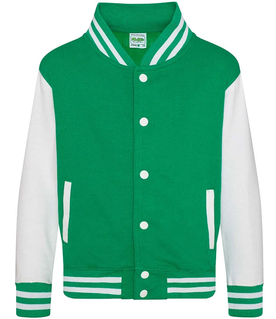 Just Hoods JH043B AWDis Kids Varsity Jacket in Kelly Green/White