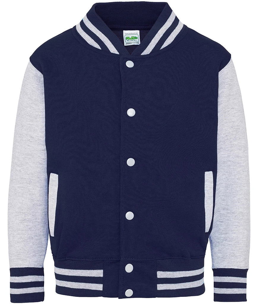 Just Hoods JH043B AWDis Kids Varsity Jacket in Oxford Navy/Heather Grey