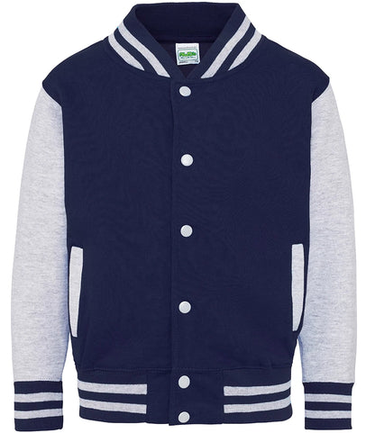 Just Hoods JH043B AWDis Kids Varsity Jacket in Oxford Navy/Heather Grey