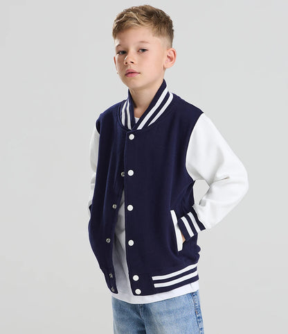 Just Hoods JH043B AWDis Kids Varsity Jacket in Oxford Navy/White