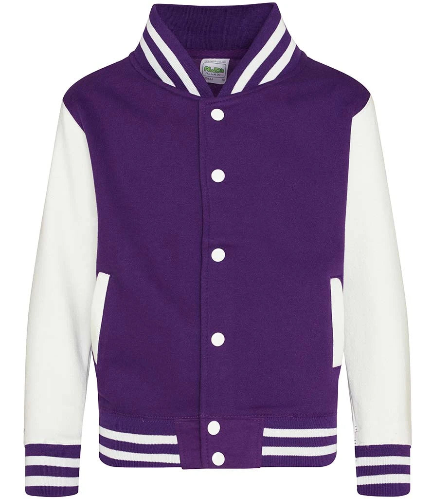 Just Hoods JH043B AWDis Kids Varsity Jacket in Purple/White