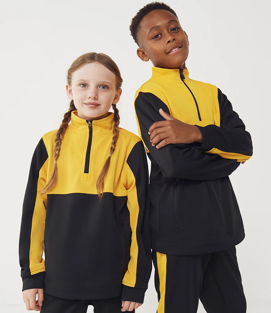 Finden & Hales LV875 Finden + Hales Kids 1/4 Zip Tracksuit Top in Black/Gold