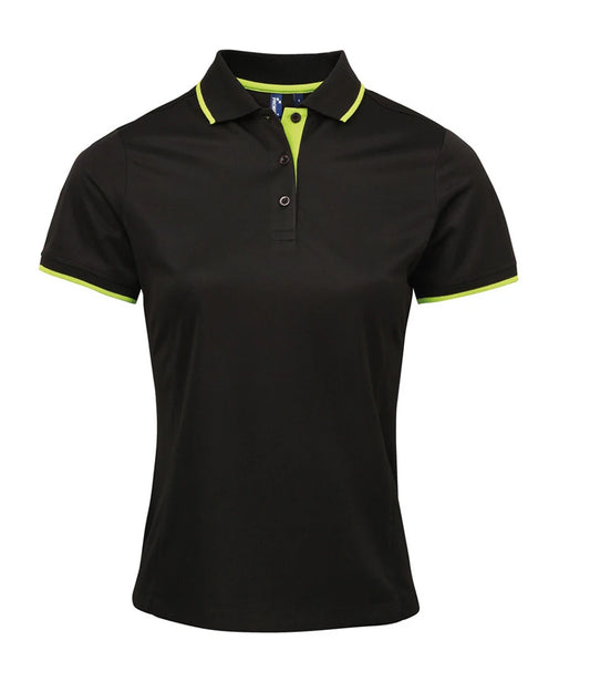 Premier PR619 Ladies Contrast Coolchecker Piqué Polo Shirt in Black/Lime Green