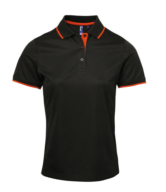 Premier PR619 Ladies Contrast Coolchecker Piqué Polo Shirt in Black/Orange